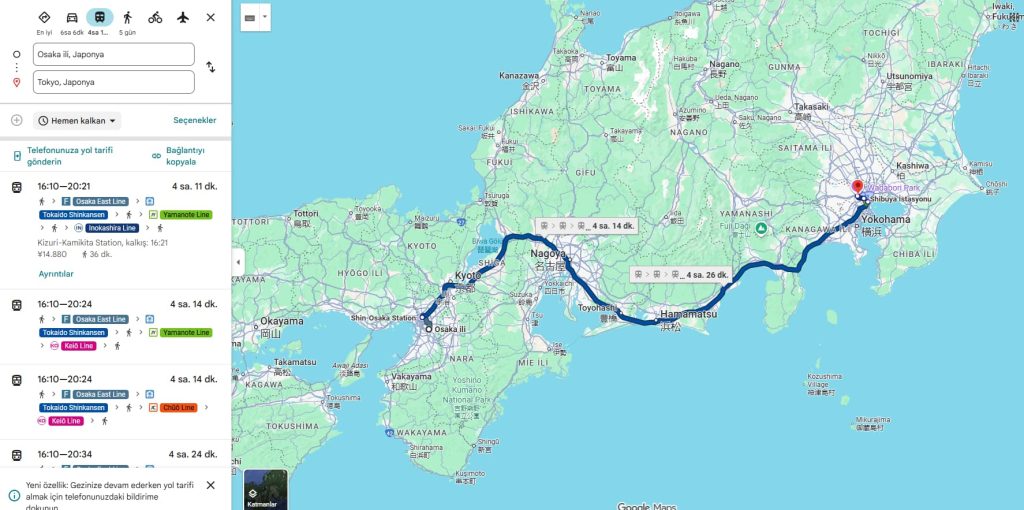 Tokyo ve Osaka Arasındaki Mesafe