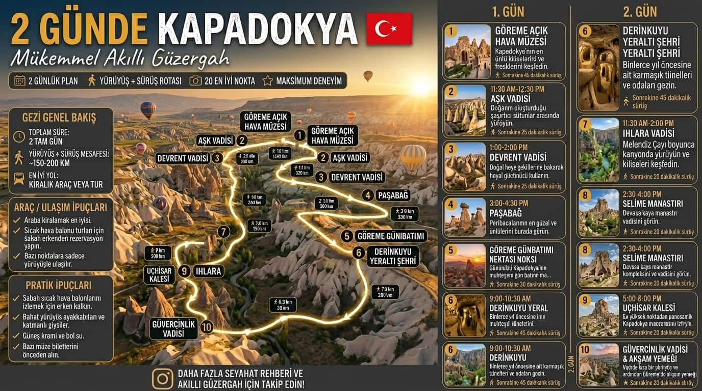 Kapadokya 2 günlük gezi rotası haritası — Göreme'den Derinkuyu'ya 10 durak