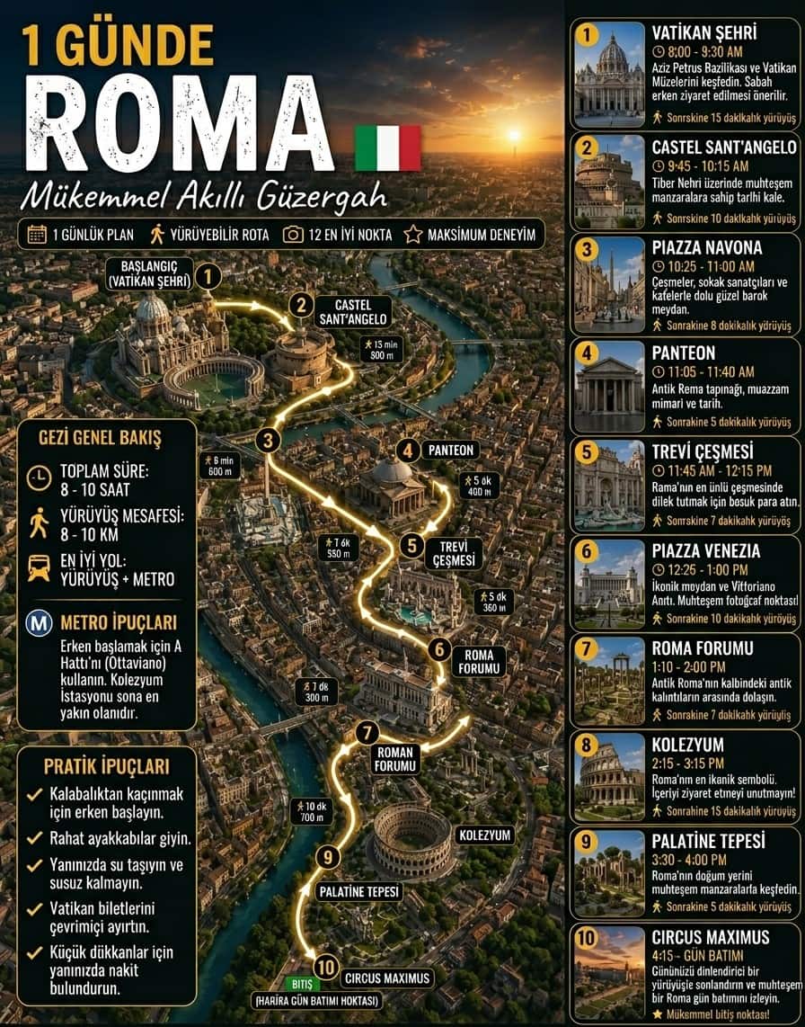 Roma 1 günlük yürüyüş rotası haritası — Vatican'dan Circus Maximus'a 10 durak