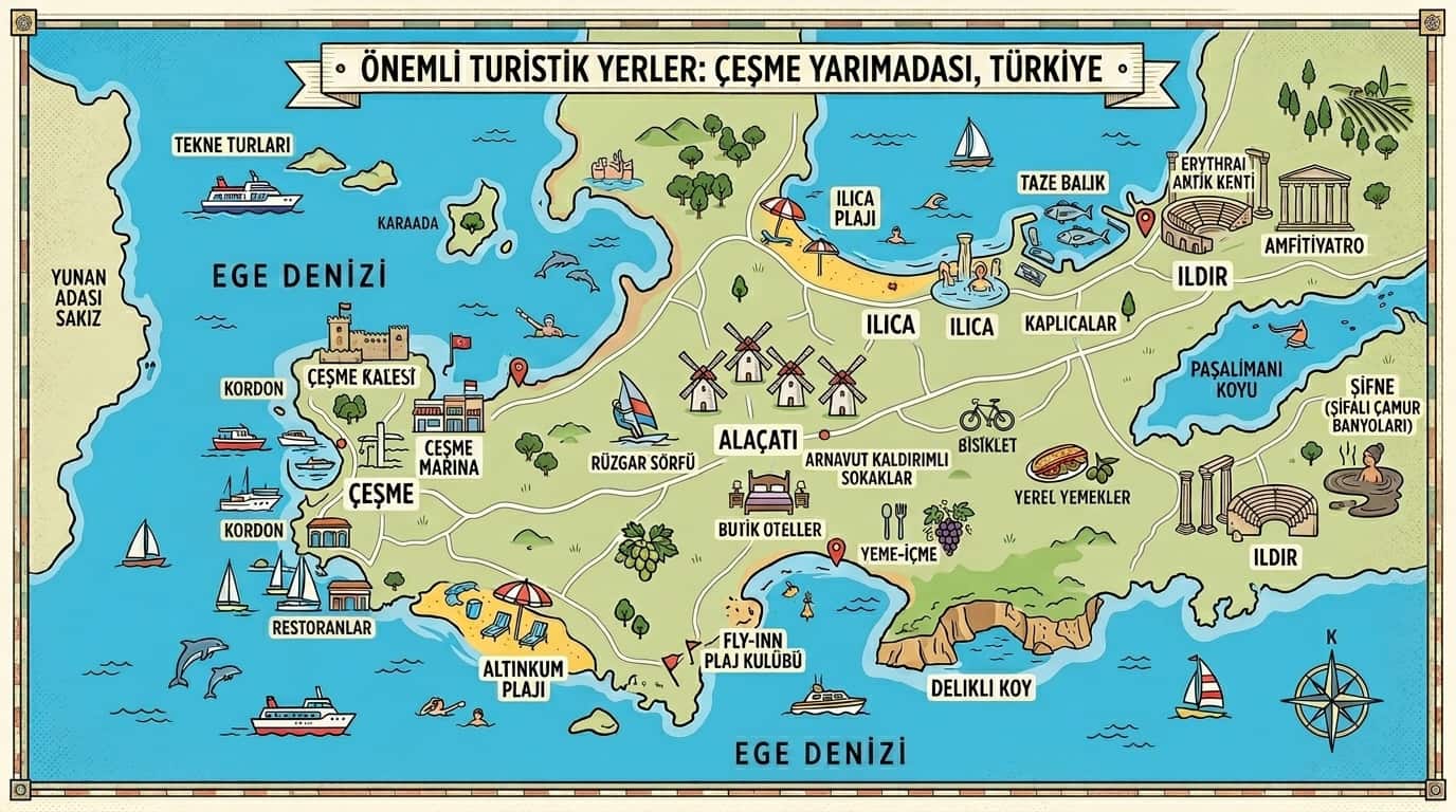 Çeşme Gezilecek Yerler Haritası - Çeşme Yarımadası Turistik Noktalar